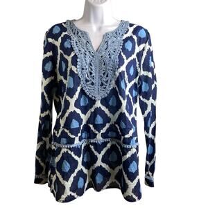 Boo Gemes Blue Ikat Embroidered Tunic Top Size M Boho Beach Cover Up‎ Pool